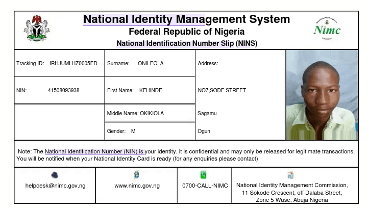 Standard NIN Slip Sample